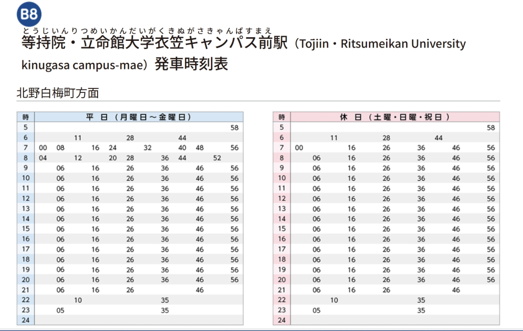 嵐電北野線の等持院駅の時刻表