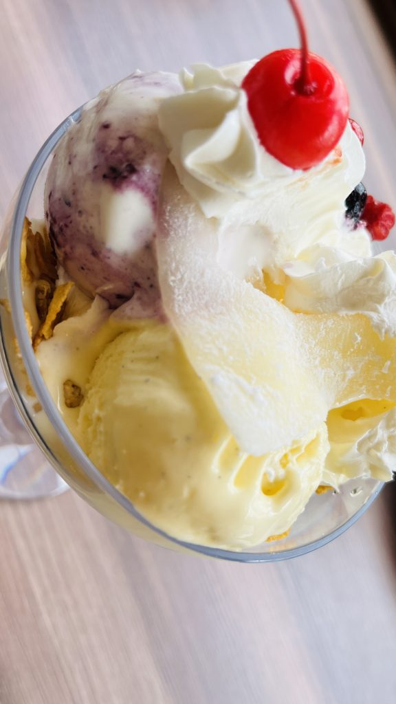 アメリカンドッグパフェの下。ブルーベリーアイスとバニラアイスの下にはヨーグルト。その下のグラスのくぼみにはフルーツポンチ