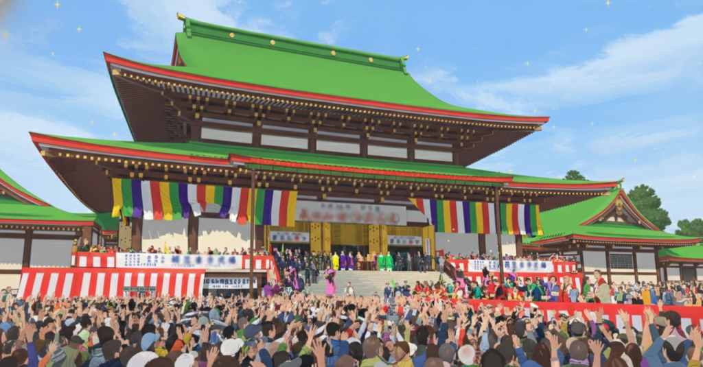 平安神宮の本殿前で行われる節分の豆まき。色鮮やかな社殿の前に多くの参拝者が集まり、舞台から豆がまかれている様子