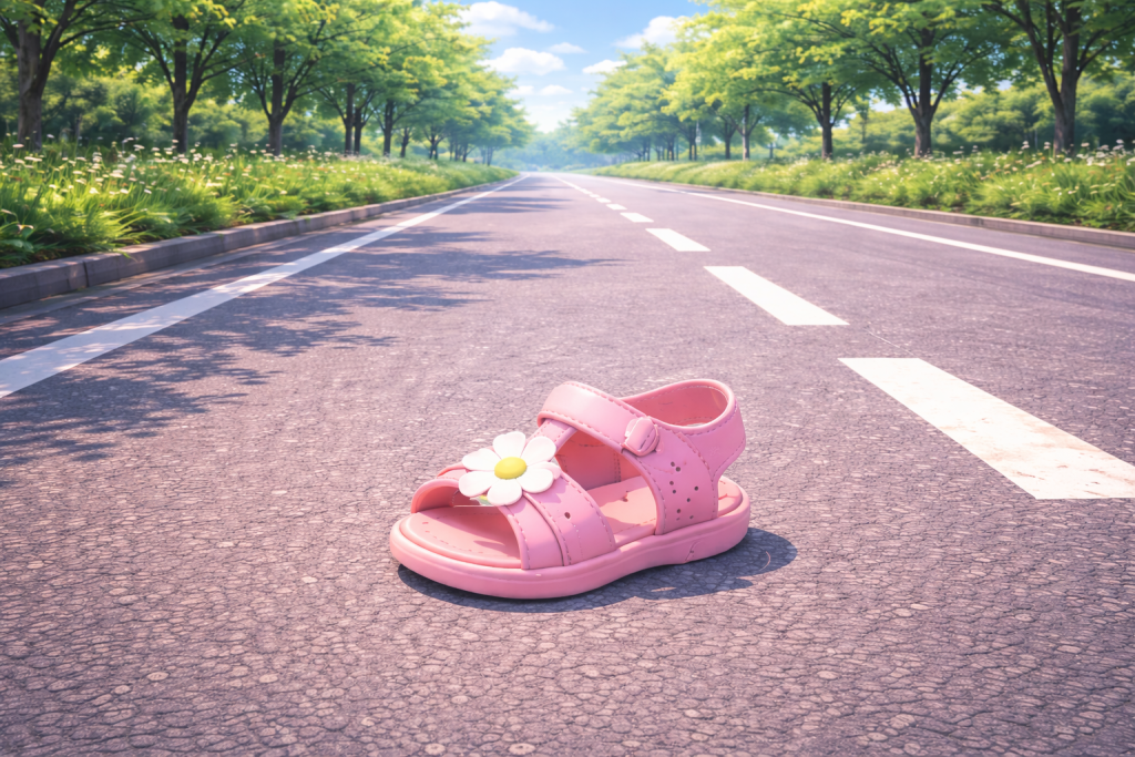 道路にぽつんと落ちている子どものピンクのサンダル