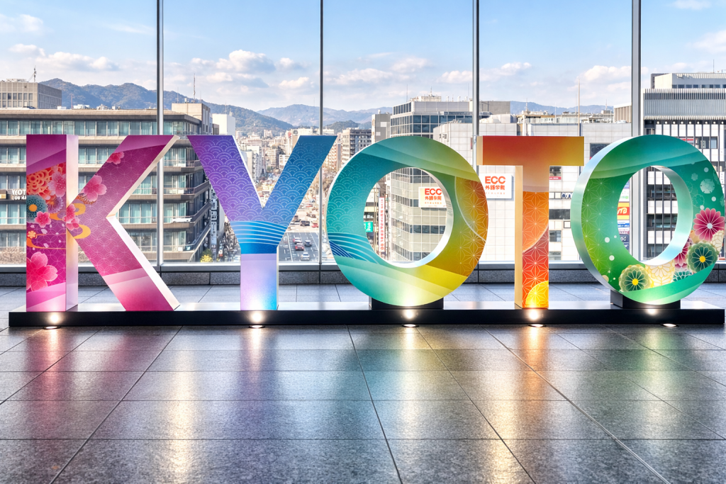 京都駅の上にある文字モニュメント「KYOTO」。背景に京都タワーが見える撮影スポット。