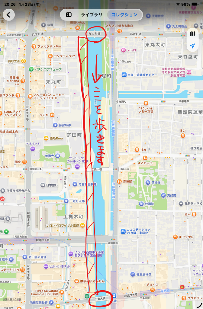 鴨川西側の散歩ルート（丸太町橋から南へ歩くルート）