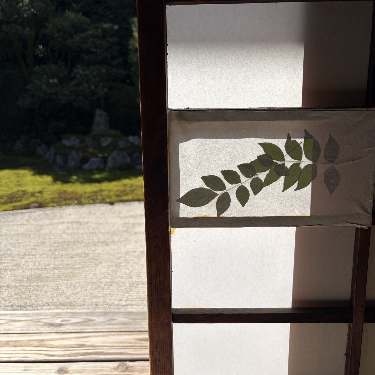 障子の取っ手部分にとじこめられた小さな葉の枝と鶴亀の庭